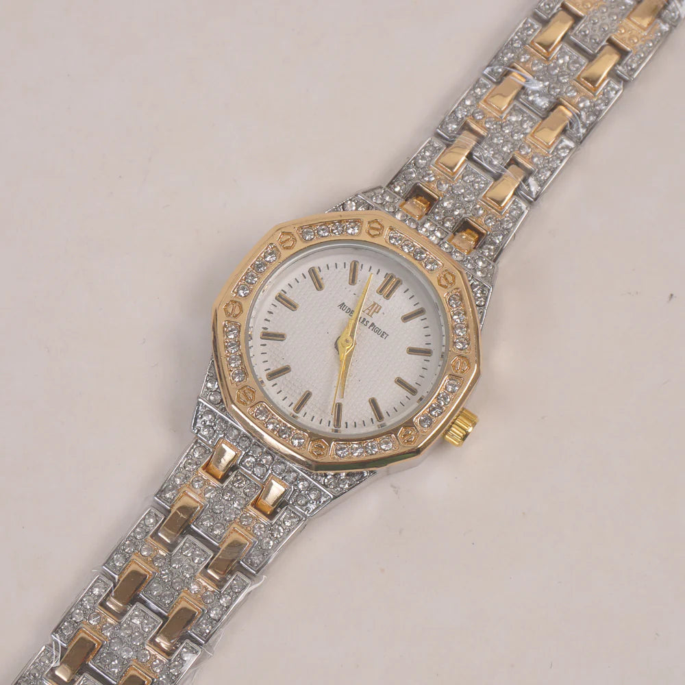 Two Tone Women Stone Design Chain Wrist Watch Golden White