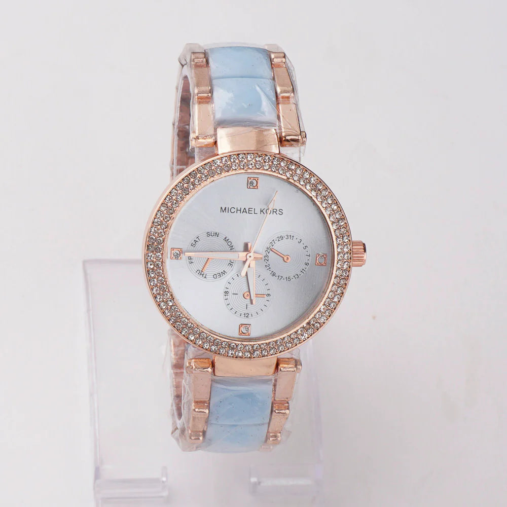 Women Chain Wrist Watch Rosegold Cyan