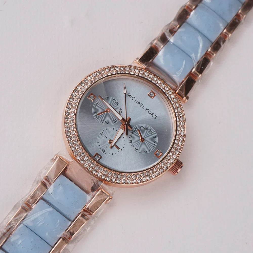 Women Chain Wrist Watch Rosegold Cyan