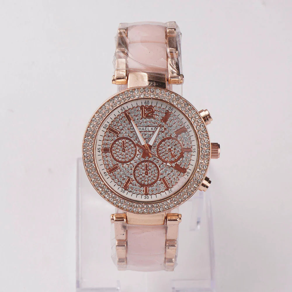 Women Chain Wrist Watch Stone Design Rosegold Pink